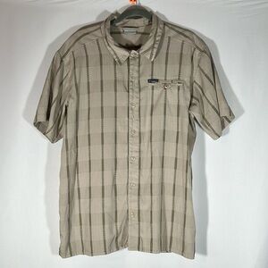 Columbia Beige Striped Casual Short Sleeve Button Down Shirt